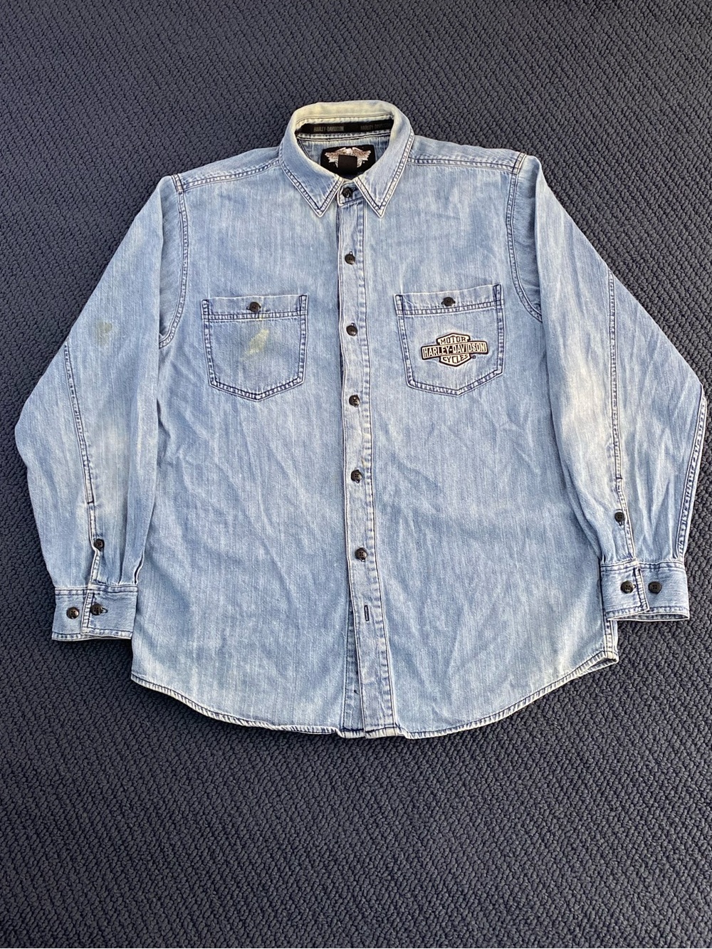 Vintage Harley Davidson Embroidered Biker Denim Button-Up Shirt